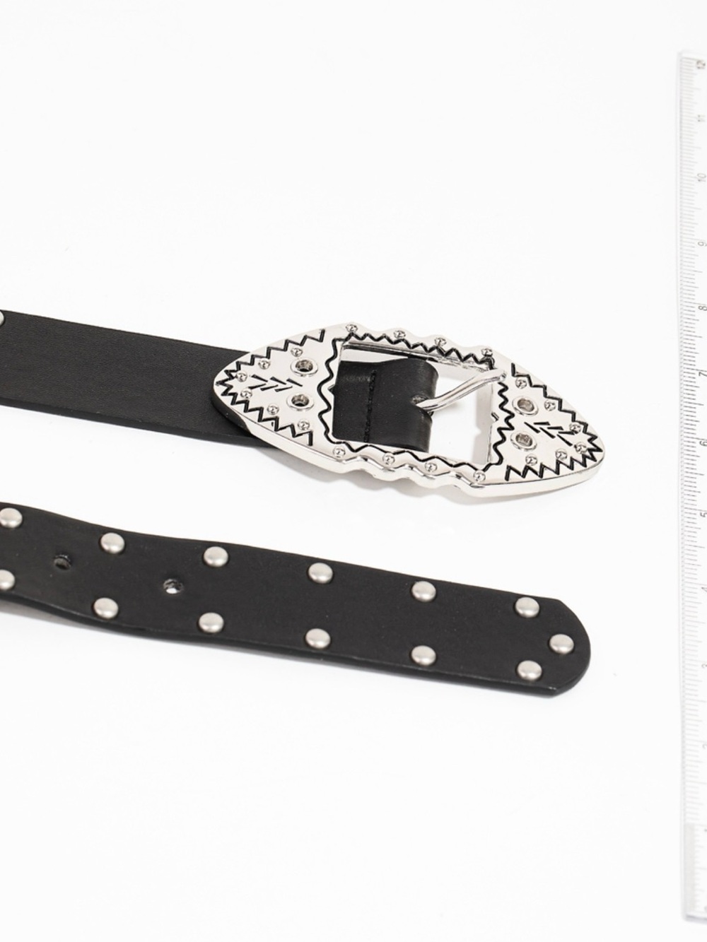 NWT Black Studded Western Buckle Belt with Silver-Tone Ornamentation - Picture 2 of 2